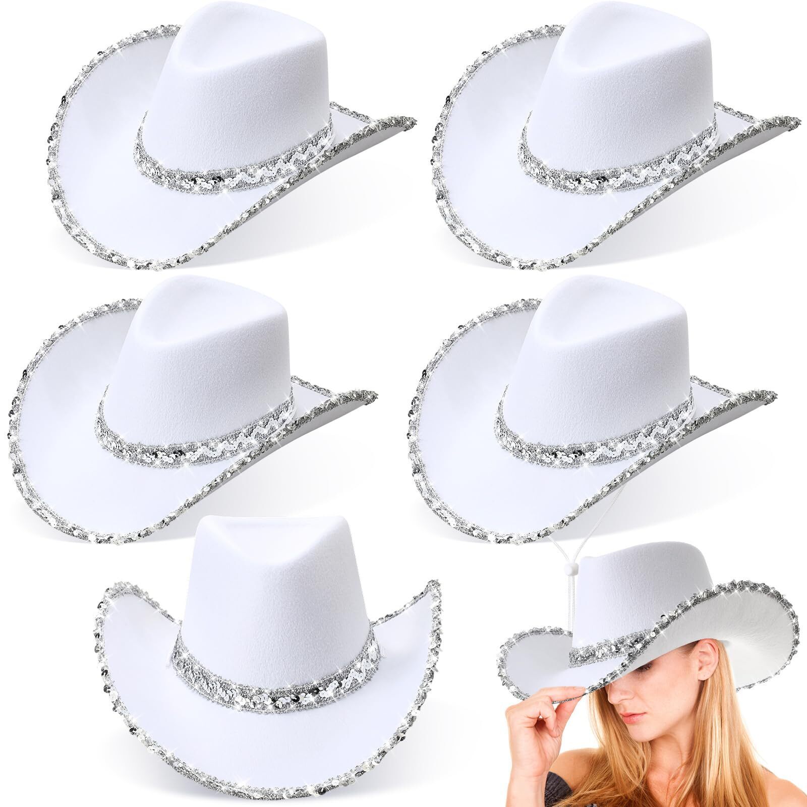 6744 6 Pack Western Cowboy Hats With Rhinestone Tassel Bands Sequin Trim